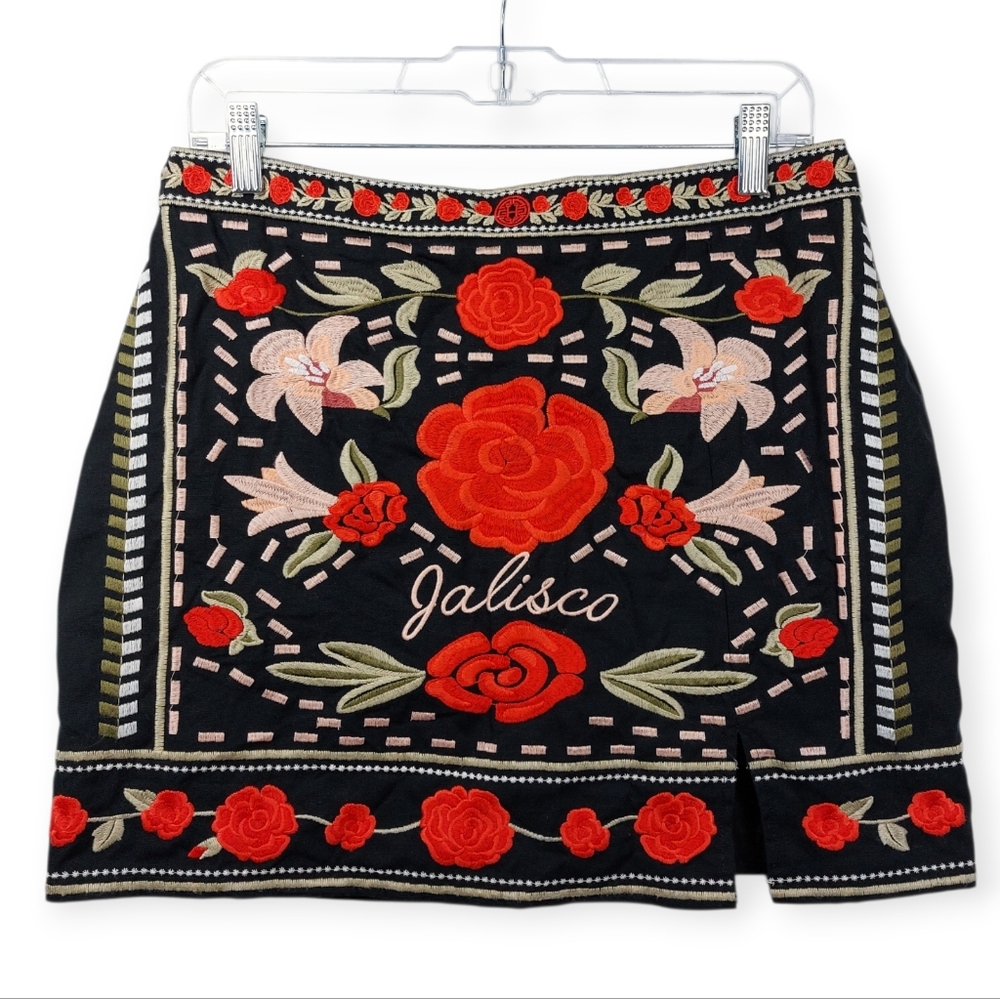 Herencia Collection Jalisco Floral Embroidered Mini Skirt Size L Cotton Mexico